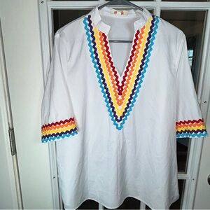 Mazik White Shirt with Rainbow‎ Rickrack Accents Size Large